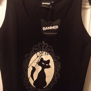NWT GLOW IN THE DARK Cat Cameo Tank Top Banned Apparel Alternative Cobweb Kitty